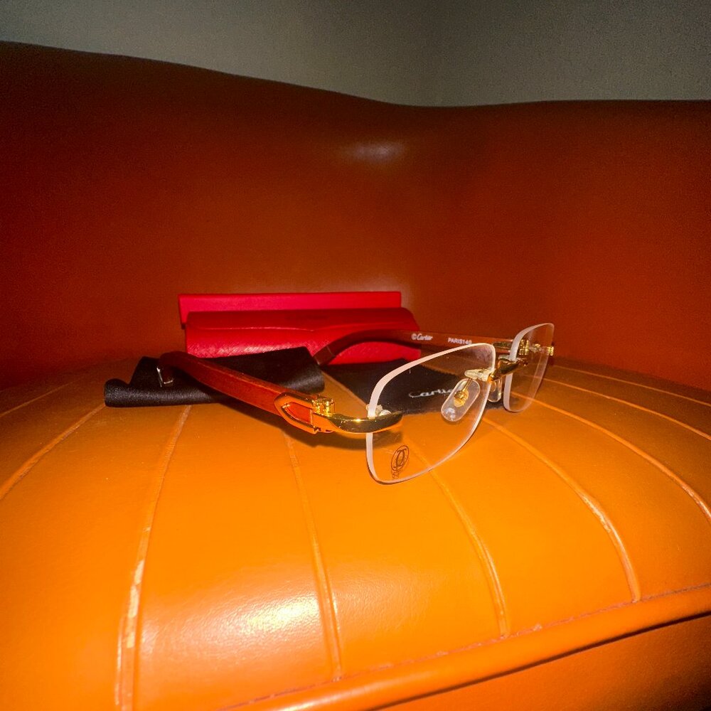 Cartier Glasses Clear Lens Woodgrain Rimless Frame